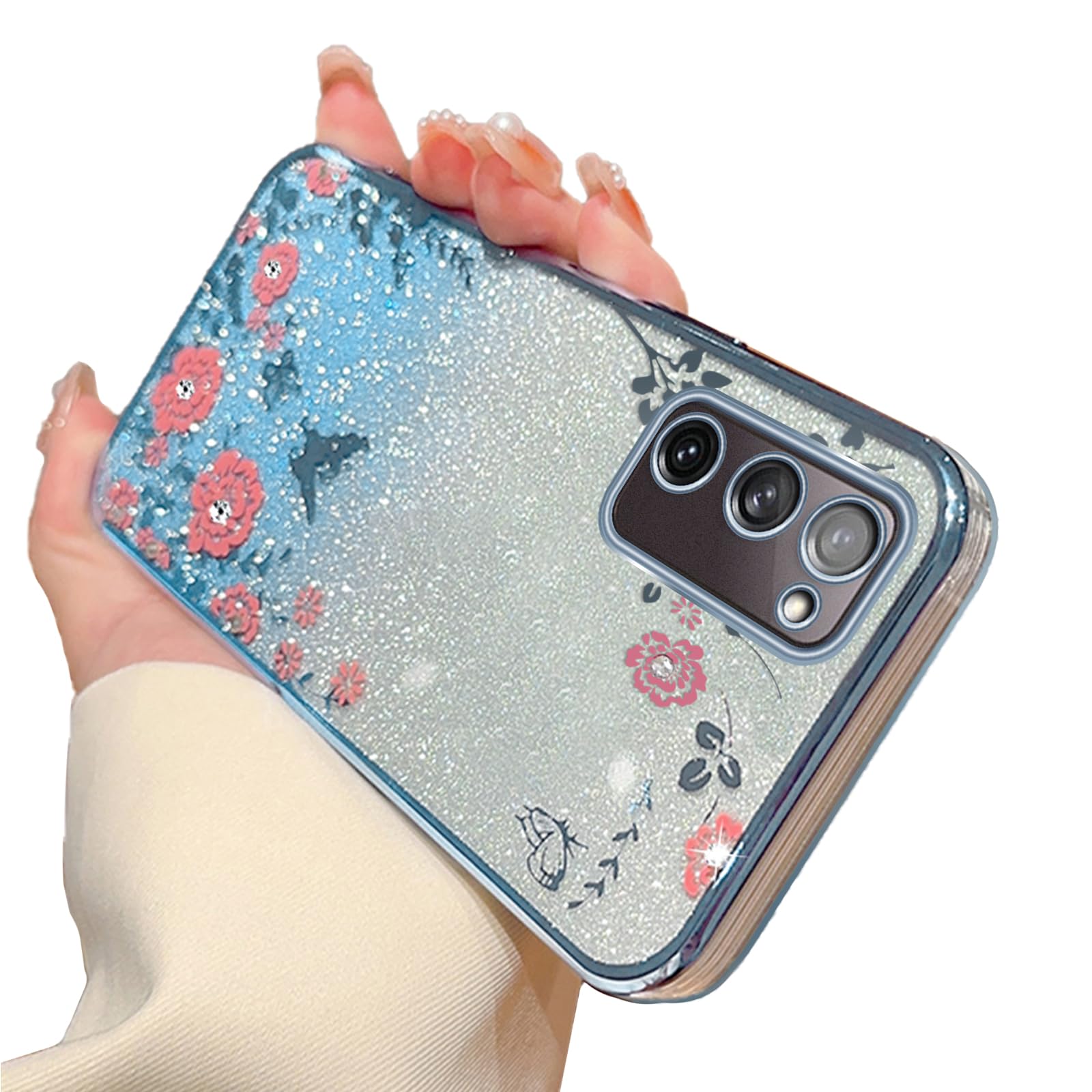 for Samsung Galaxy S20 FE Case,S20 FE Case for Women Gradual Change Glitter Crystal Soft TPU Stylish Butterfly Floral Heart Clear Protective Cover with Strap for Samsung S20 FE (Blue)