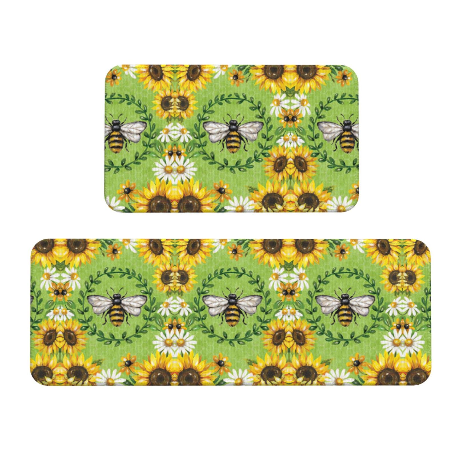 Tapis de cuisine antidérapants lot de 2 à motif abeilles et tournesols pour évier