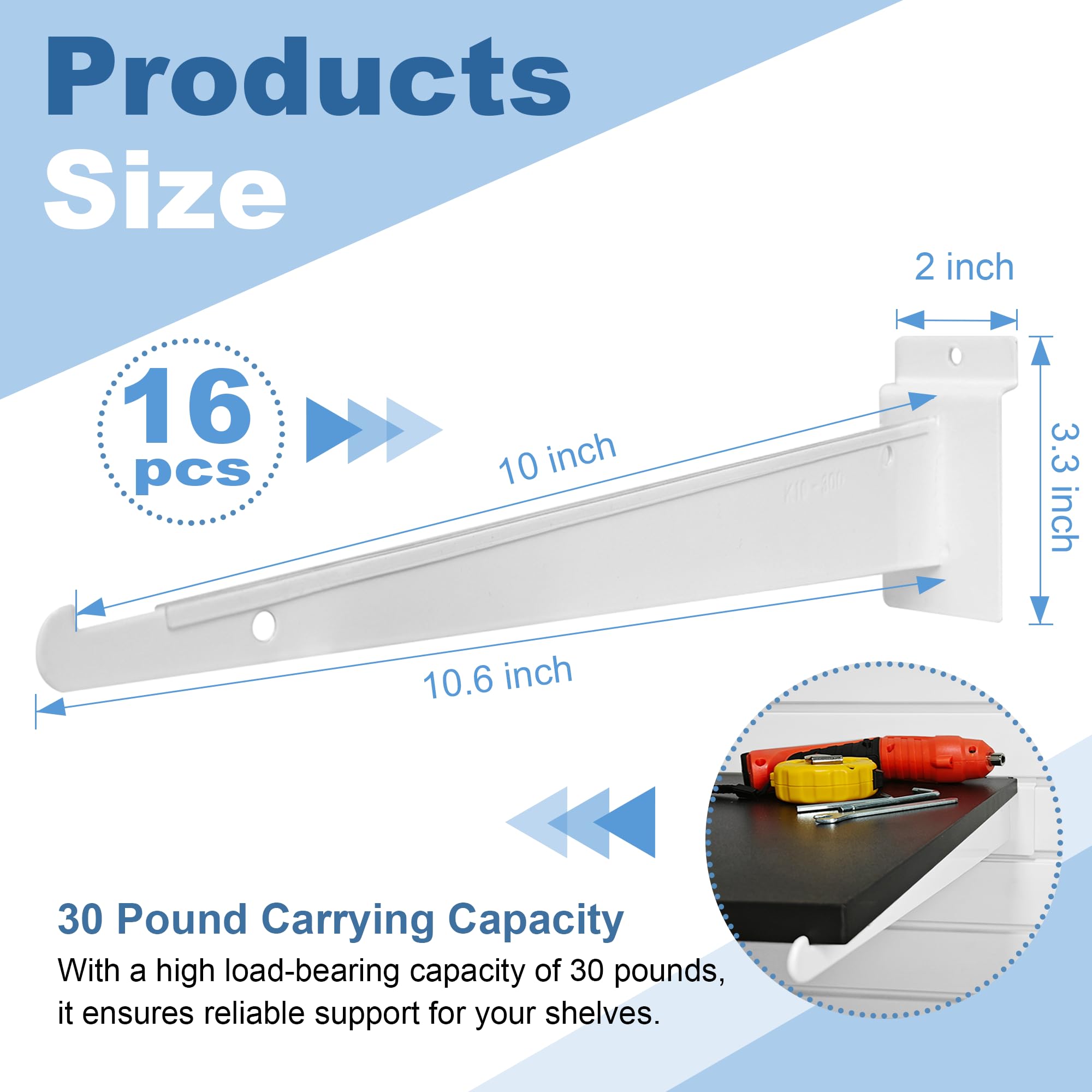 16 Pack Slatwall Knife Shelf Bracket, 10 inch Heavy Duty Shelf Bracket for Slat Wall, White Metal Slatwall Accessories with Lip for Slatwall Panels Shelving Display Household Commercial