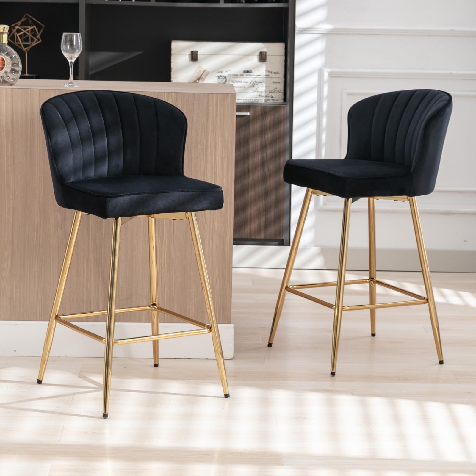 chairus Taburetes de Bar Terciopelo Juego de 2 Sillas Barra Altas con Patas Doradas, Taburetes Desayuno Modernos con Cojín Suave para Hogar/Isla de Cocina, Negro