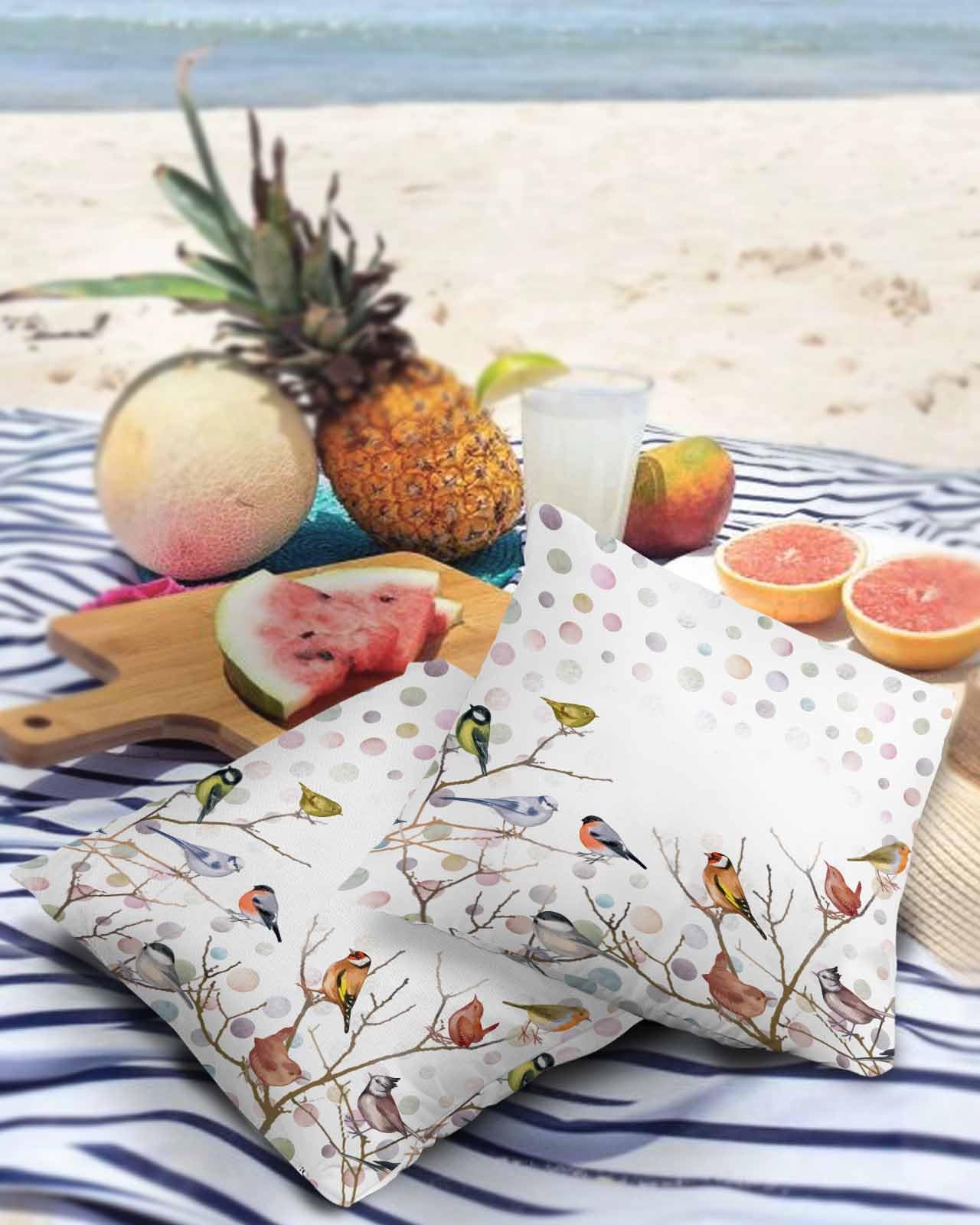 Brids White Outdoor Pillow Cover 24x24 Inch Cushion Sham Case,Waterproof Decorative Square Throw Pillowcase for Outside Garden Patio Couch Chair Tent Botanical Tree Branch Colorful Boho Polka Dots