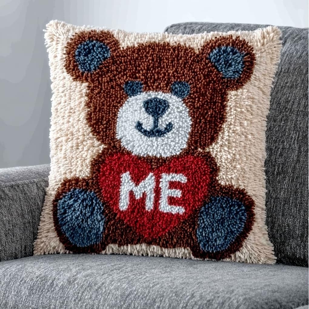 WallustrioaW Latch Hook Pillow Case Kits,Heart-Shaped Bear