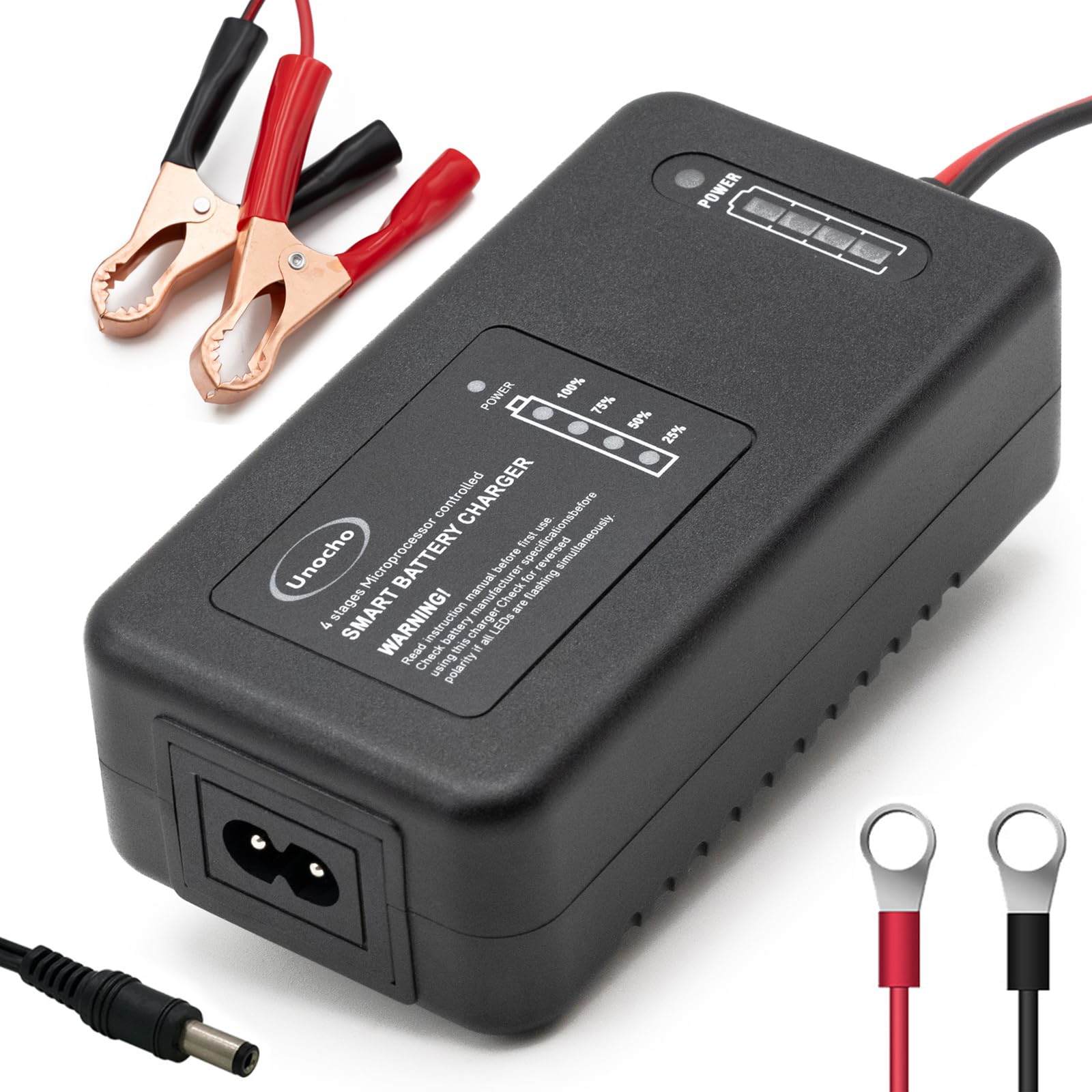 14.6V 4A LiFePO4 Battery Charger 4-Stage Smart Charger Maintainer for 12.8V Lithium Iron Phosphate Batteries, BMS Wake-Up, LED Indicator, Clips and Ring Terminals