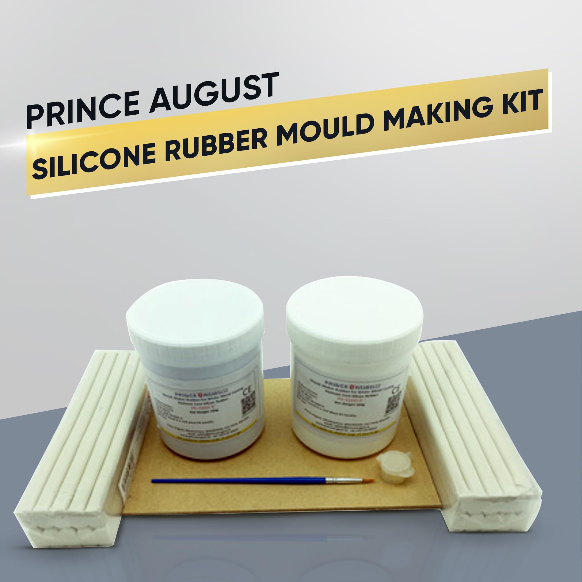 Prince August Zestaw do produkcji form z gumy silikonowej – twarda guma silikonowa 1:1 kg – 1 kg modelina – podkładka płyta MDF – pędzel do aplikatora – żel uwalniający wasalinę – odlew z białego