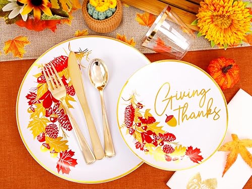 Miniatura 8 de Hioasis 175 platos de plástico blanco y platos desechables dorados y servilletas preenrolladas, cubiertos dorados que incluyen 25 platos de cena, 25