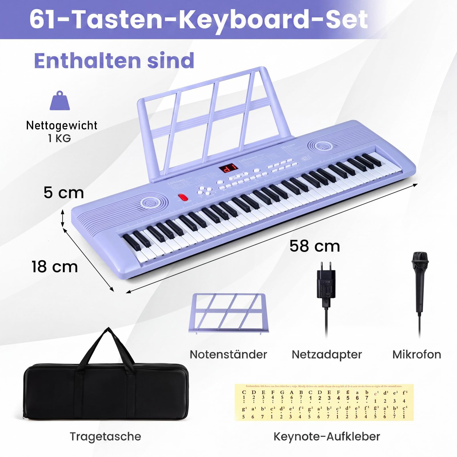 COSTWAY Keyboard Piano 61 Tasten, Digital Piano mit Ständer & Mikrofon & Tragetasche, E-Piano für Einsteiger, Klavier für Kinder Jungen (Lila)