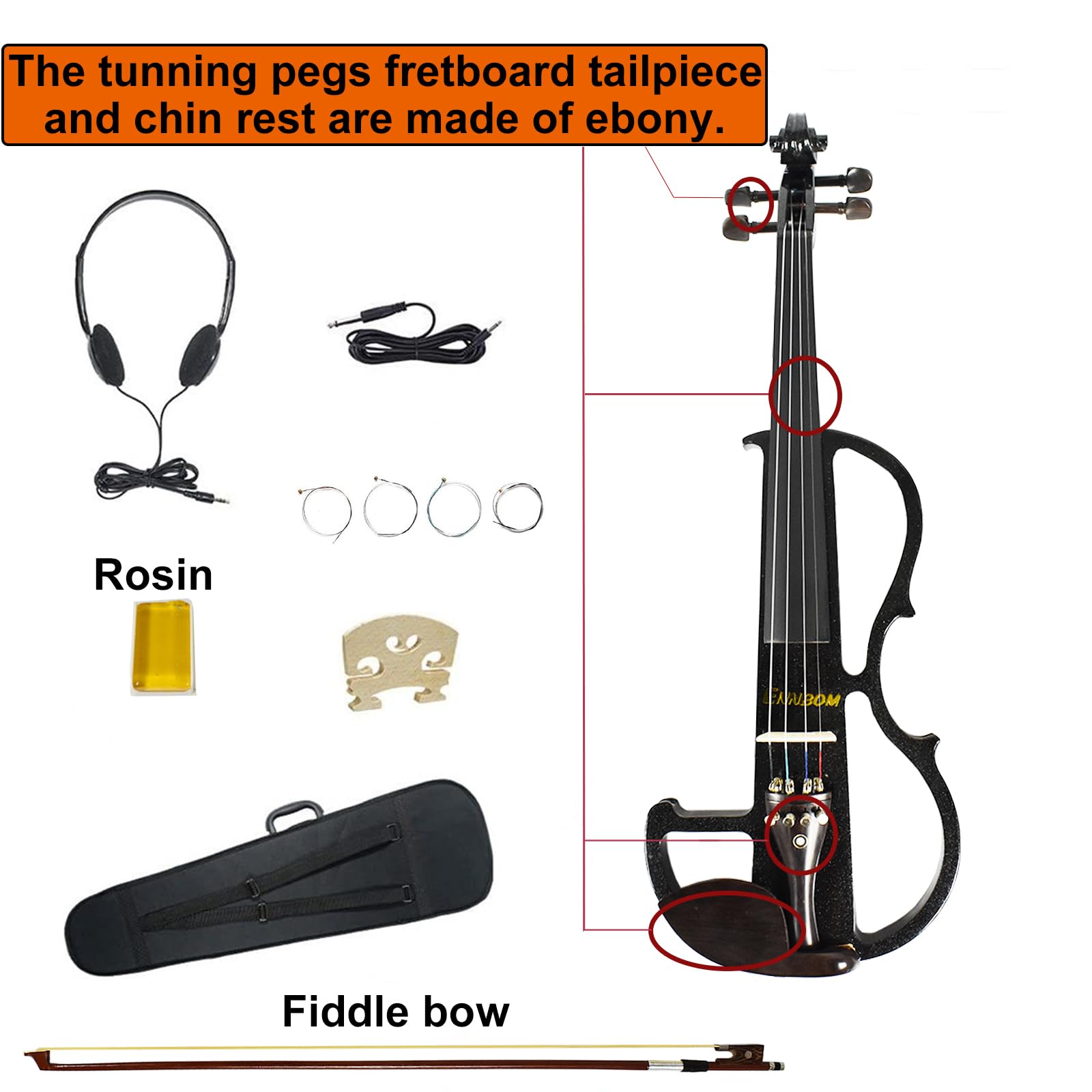ENNBOM Beginner 4/4 Electric Violin Ebony Silent Violin Electric