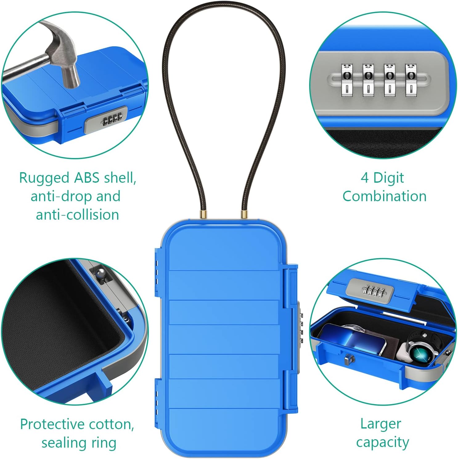 ORIA Portable Security Case, Portable Safe Box, 4 Digit Combination Key Lock Box Security Case, Smartphones, Passports, Credit Cards Safe for Car, Beach, Travel, Blue - - 