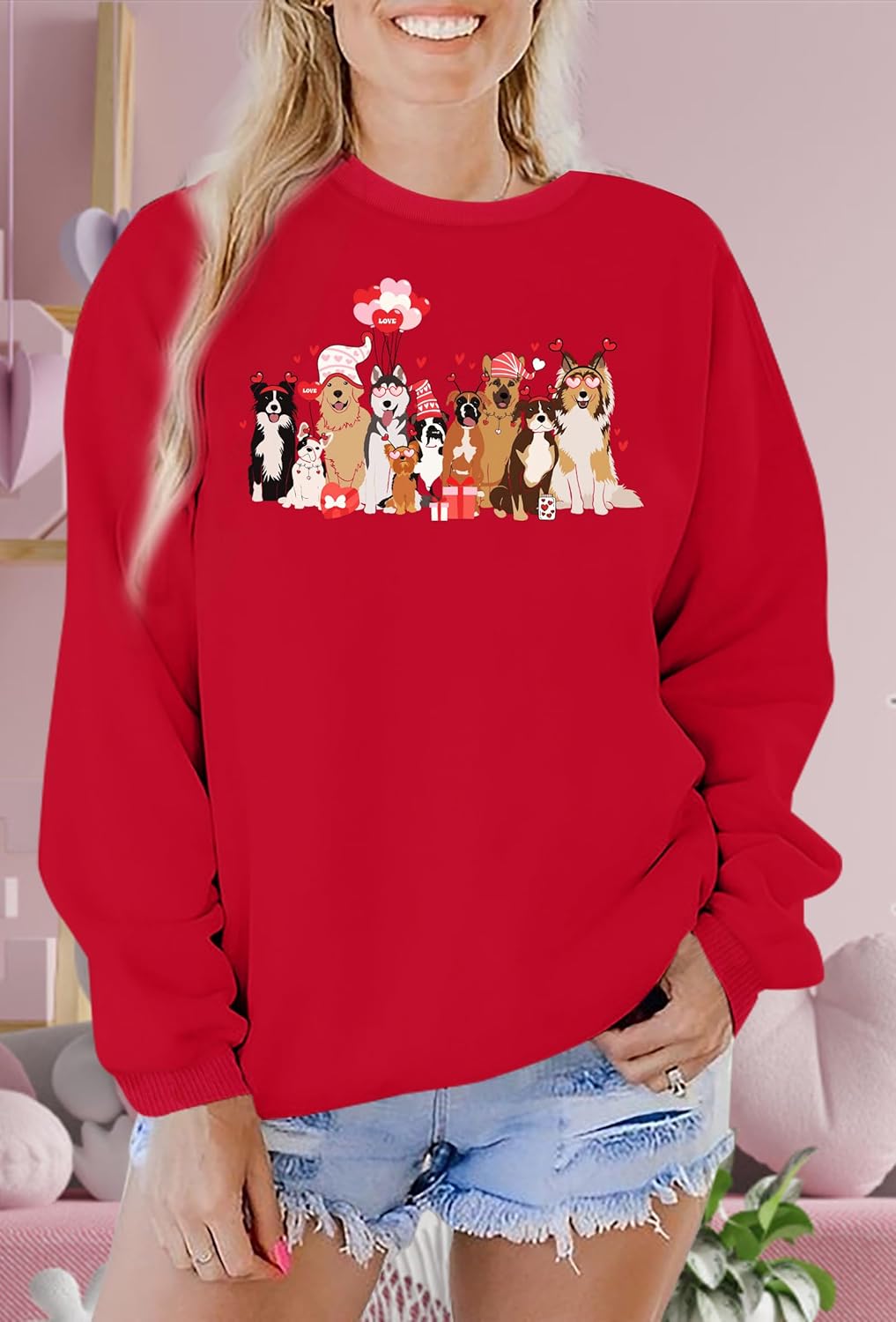 Valentine Dog Sweatshirt for Women Cute Print Graphic Sweater Pullover Long Sleeve Tops - Image 3
