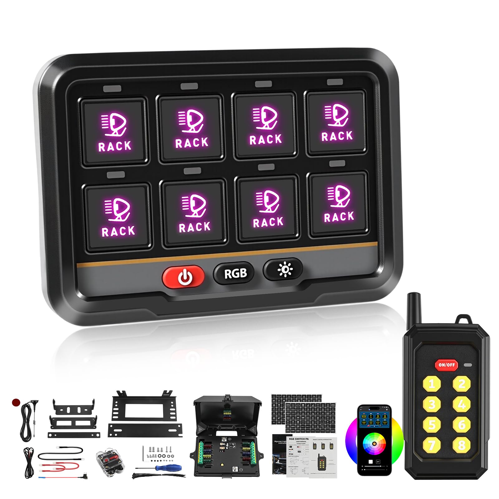 CO LIGHT Panel de interruptor inalámbrico RGB de 8 bandas con aplicación y control remoto, rango de 230 pies, Plug and Play, 12 V/24 V, multifunción, interruptor estroboscópico momentáneo, IP68