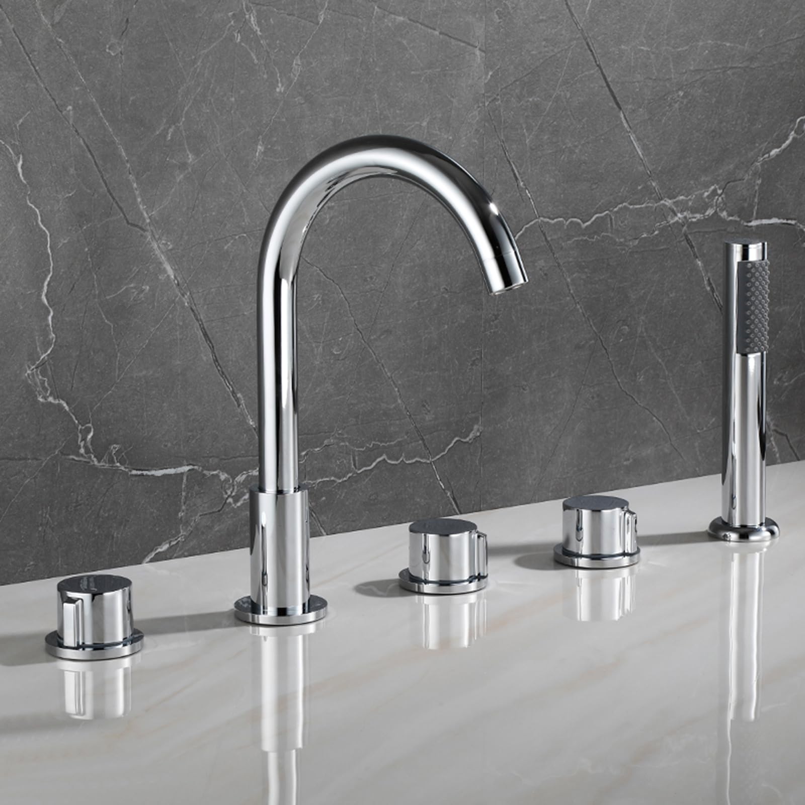 SBCGFY Modern 5 Hole Deck Mount Bath Shower Mixer Tap With Hand Held Chrome Finish For Bathroom,