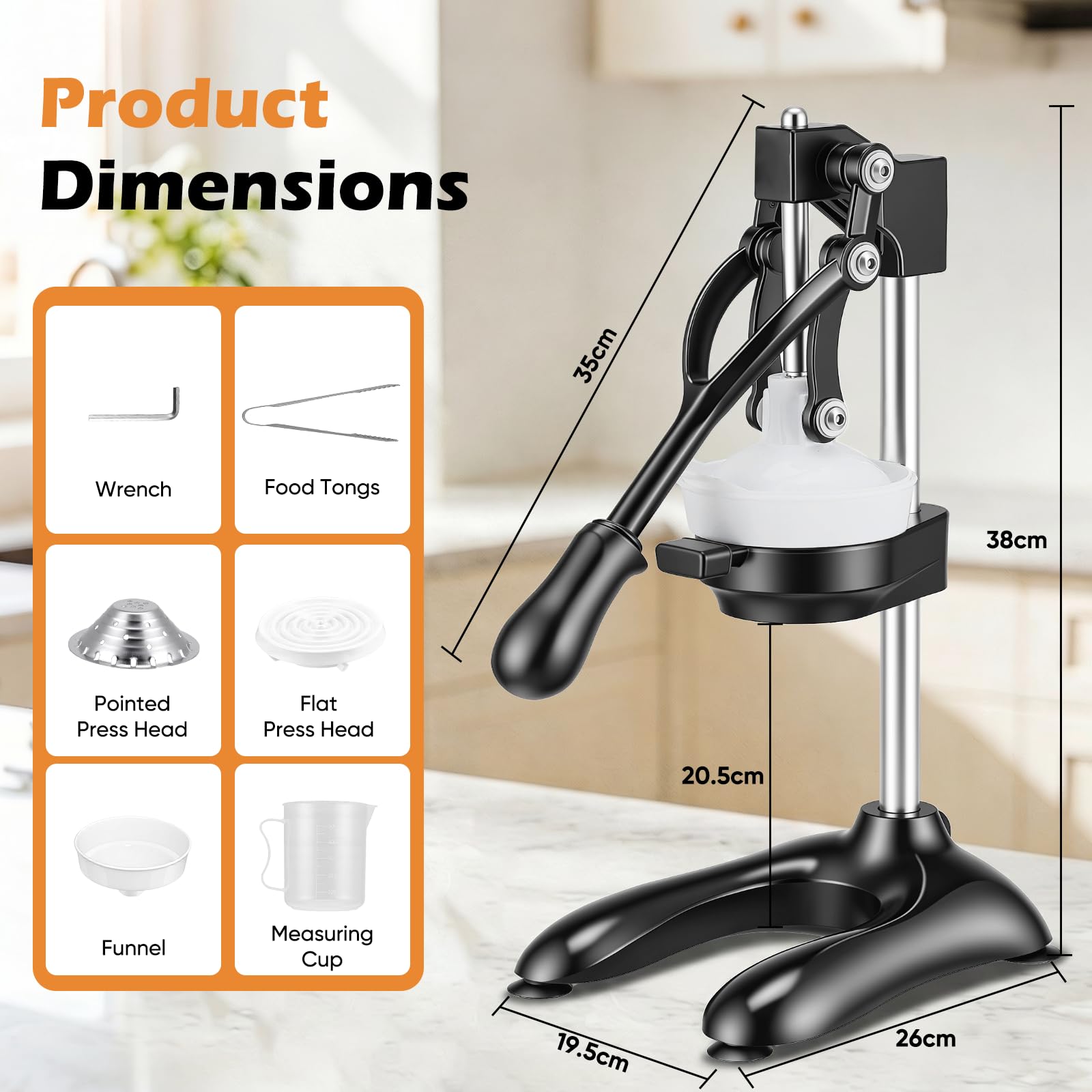 Spremiagrumi manuale, in acciaio inox resistente, spremiagrumi manuale per risparmiare manodopera con base antiscivolo, facile da pulire, spremiagrumi portatile per arancia, lime, anguria (nero)