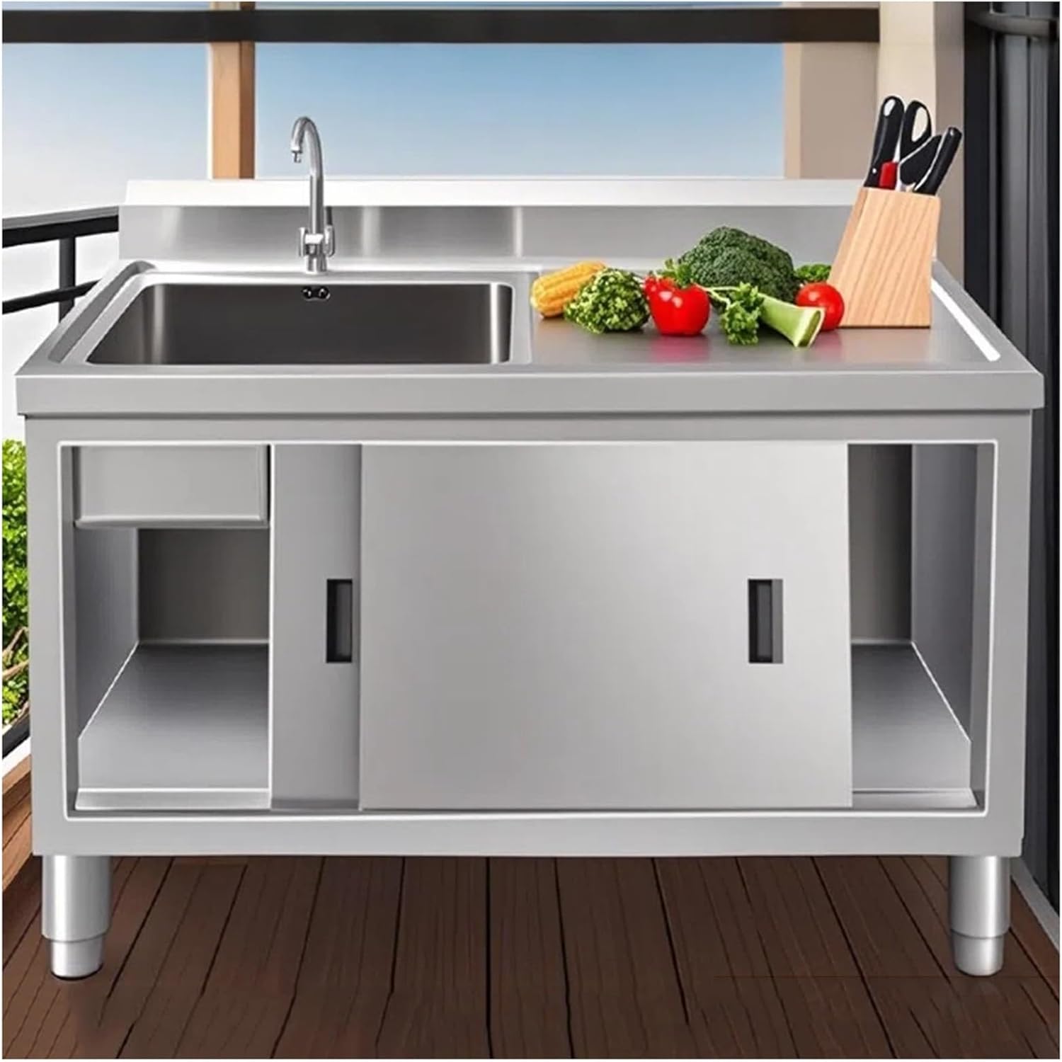 Freestanding Sink Cabinet Commercial Stainless Steel Sink Single Sink Sliding Door Sink Large Space Storage Cabinet Adjustable Feet(39.4 * 19.7 * 31.5in Left Sink)