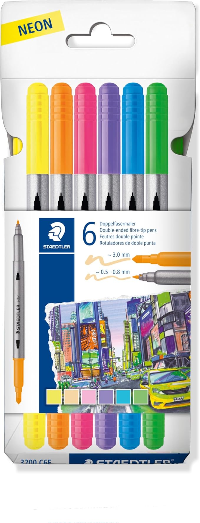STAEDTLER 3200 Doppelfasermaler “neon”, zwei Spitzen für schmale und breite Linien, Etui mit 6 Doppelfasermalern in sortierten Farben, 3200 C6F