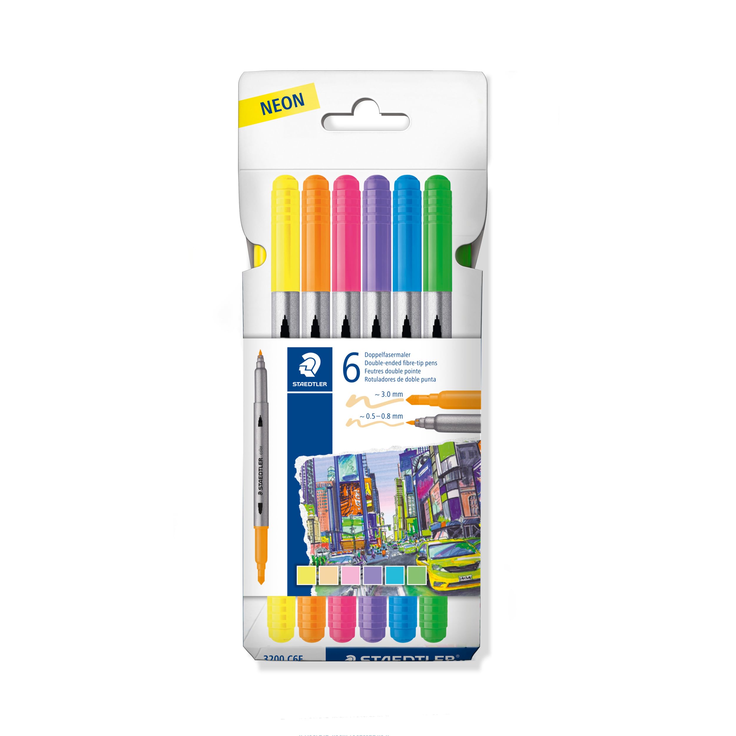 STAEDTLER 3200 Dual Fiber Neon Marker Pens, Two Tips for Narrow and Broad Lines, Case with 6 Dual Fibre Markers in Assorted Colors, 3200 C6F