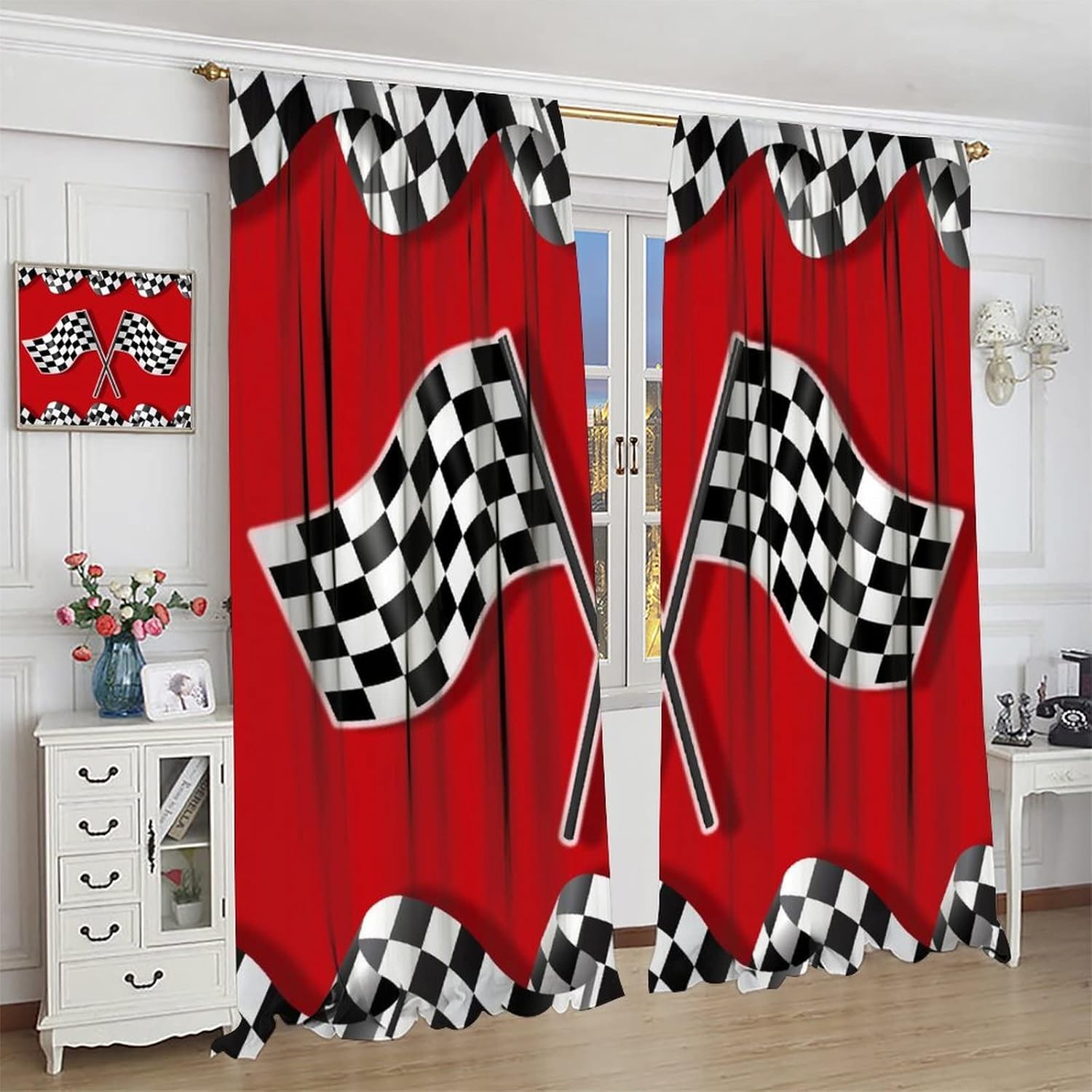 Race Car Blackout Curtains-Racing Car Flag Game Theme Racecar Checkered Flag Window Treatment,Rod Pocket Room Darkening Curtains 2 Panels 21W x 45L（(Window Size Should be Less Than 42W)