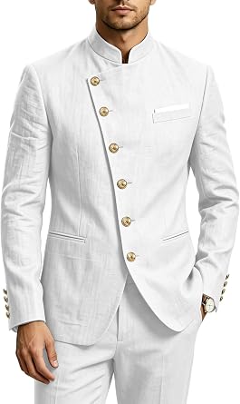 Mens Linen Mandarin Collar Jacket Chinese Stand Up Blazer Slim Lightweight Casual Formal Coat Men Wedding Beach Party