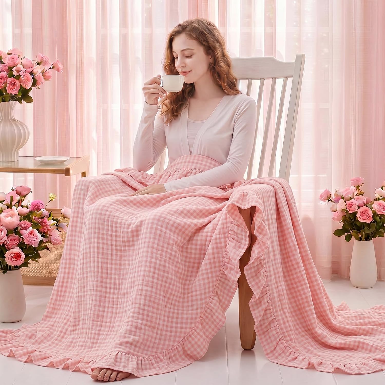100% Cotton Pink Gingham Muslin Throw Blanket with All-Around Ruffles 6-Layer Breathable Muslin Blankets for Adults 50" x 60" Soft Lightweight Cotton Throw Blanket Decorative for Bed Couch