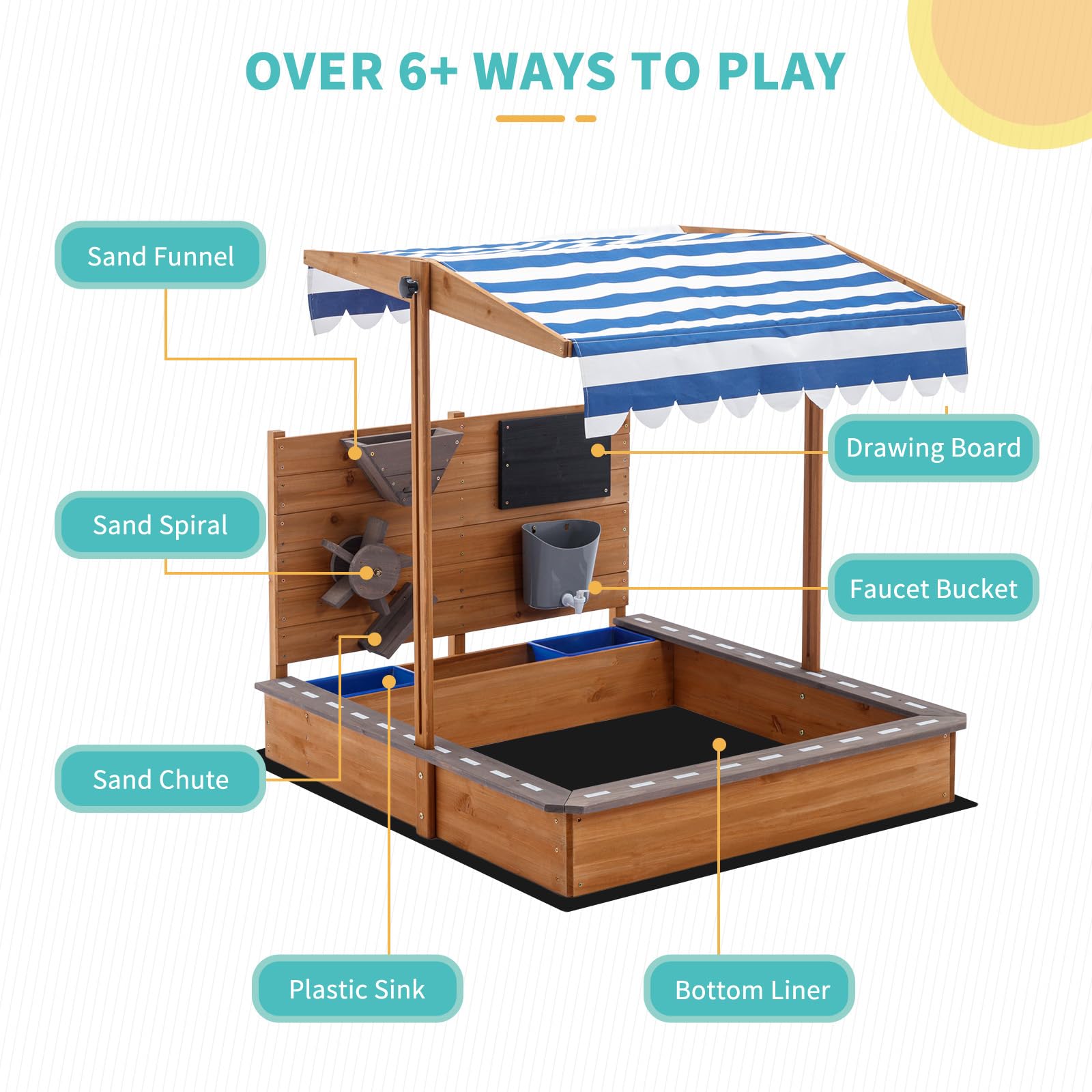 Sandkasten mit Abdeckung, Großer Kinder-Sandkasten aus Holz mit Bring Strandspielzeug, Sandkasten mit Dach für Strand, Garten (103 x 114 x 110 cm)