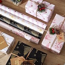 Christmas Gift Wrapping Paper Roll, Hot Embossing, 4 Rolls Christmas Wrapping Paper Roll Christmas Gift Wrap Retro Christmas Wrapping Paper with Stickers, Tags, Paper Ropes 43 x 300 cm