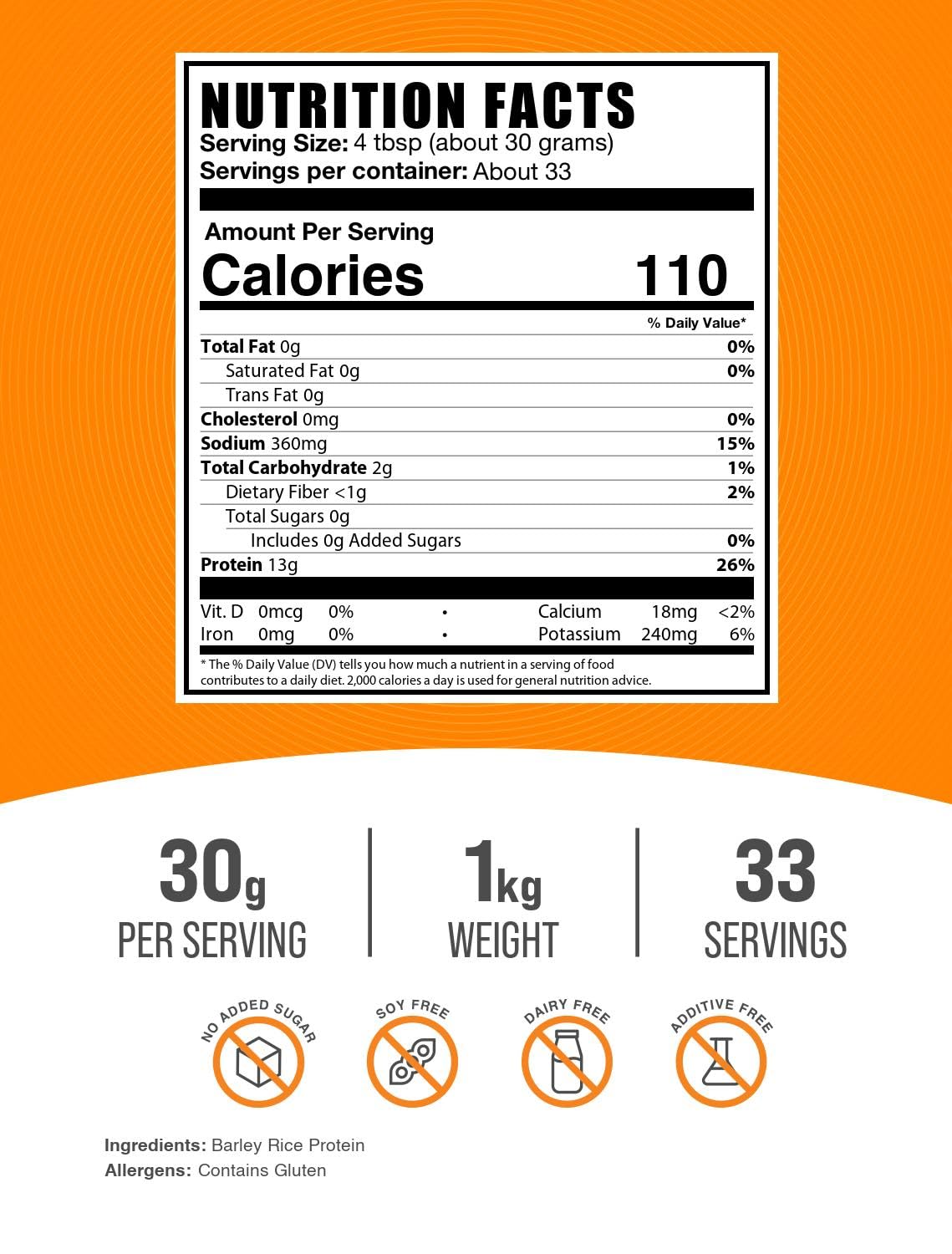 BulkSupplements.com Barley Rice Protein Powder - Vegan Protein Powder, Sports Nutrition - Unflavored & Dairy Free, 30g per Serving, 1kg (2.2 lbs) (Pack of 1) — Amazon image 2