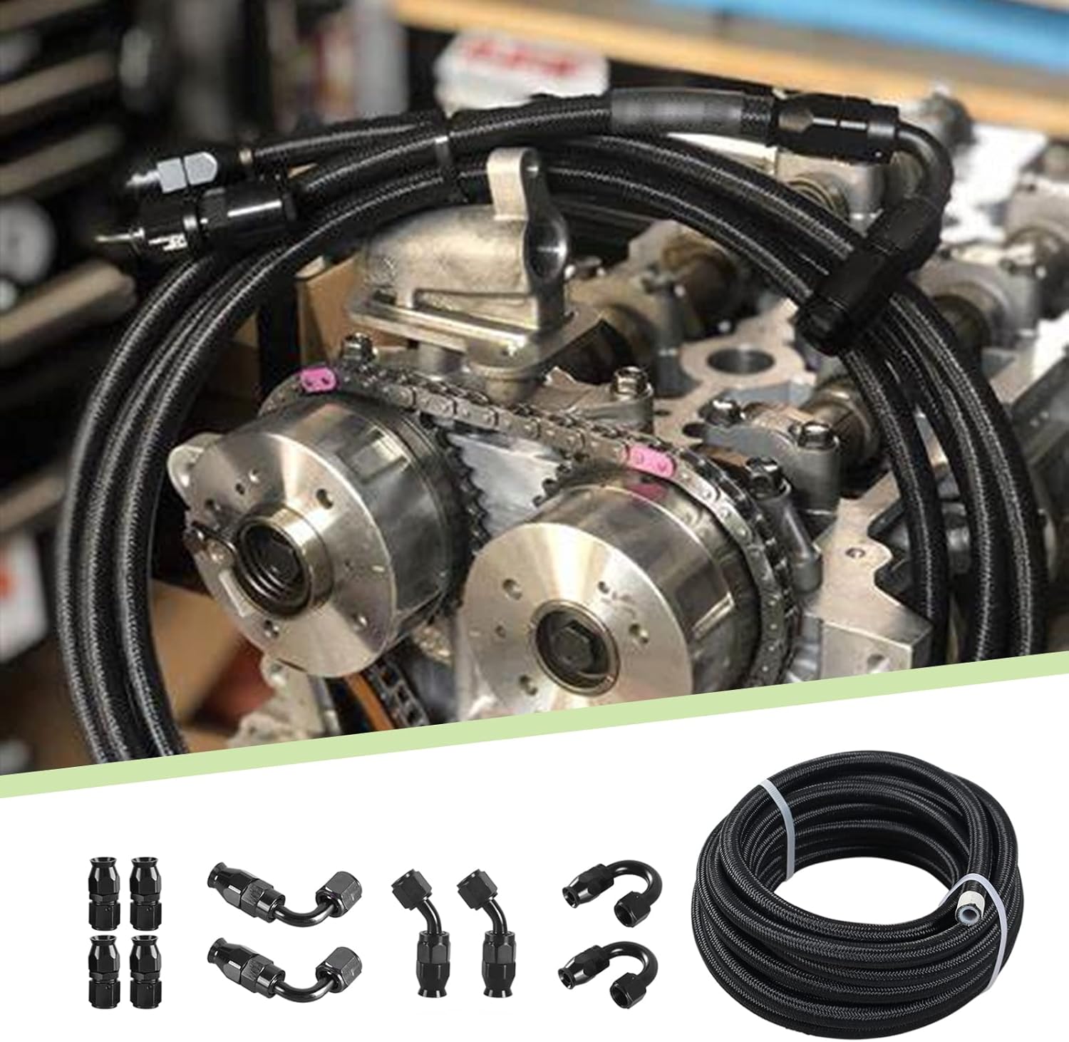 4AN 1/4 PTFE E85 Hose Braided Fuel Line Fitting Kit 20FT Transmission Oil Cooler Line Nylon Stainless Steel Black