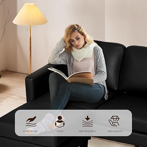 Miniatura 11 de Grepatio Sofá modular convertible, sofá en forma de L de 3 asientos con tela de lino moderna para espacio pequeño y sala de estar (negro) Negro -,Pu