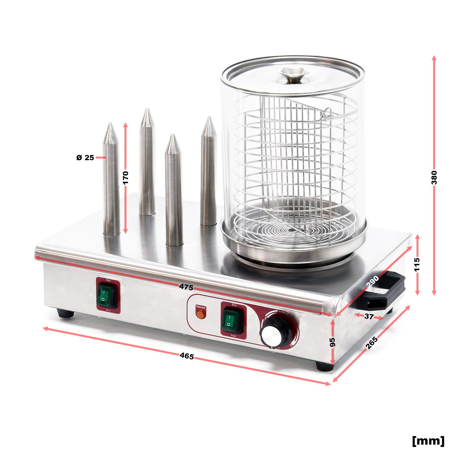 Wiltec Macchina per hot dog 650 watt, 4 punzoni scaldapane Cuoci wurstel