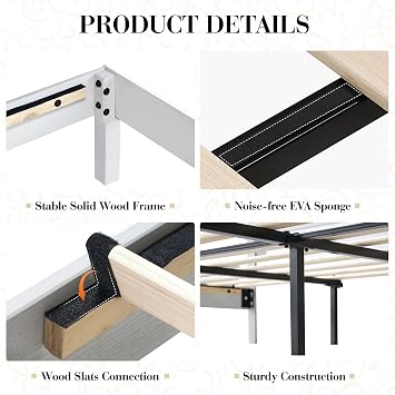 LUXOAK Queen Solid Wood Bed Frame with Unique Pattern Headboard, Minimalism Style Platform Bed with Wood Slats Support, No Box Spring Needed, Easy Assembly, Antique White