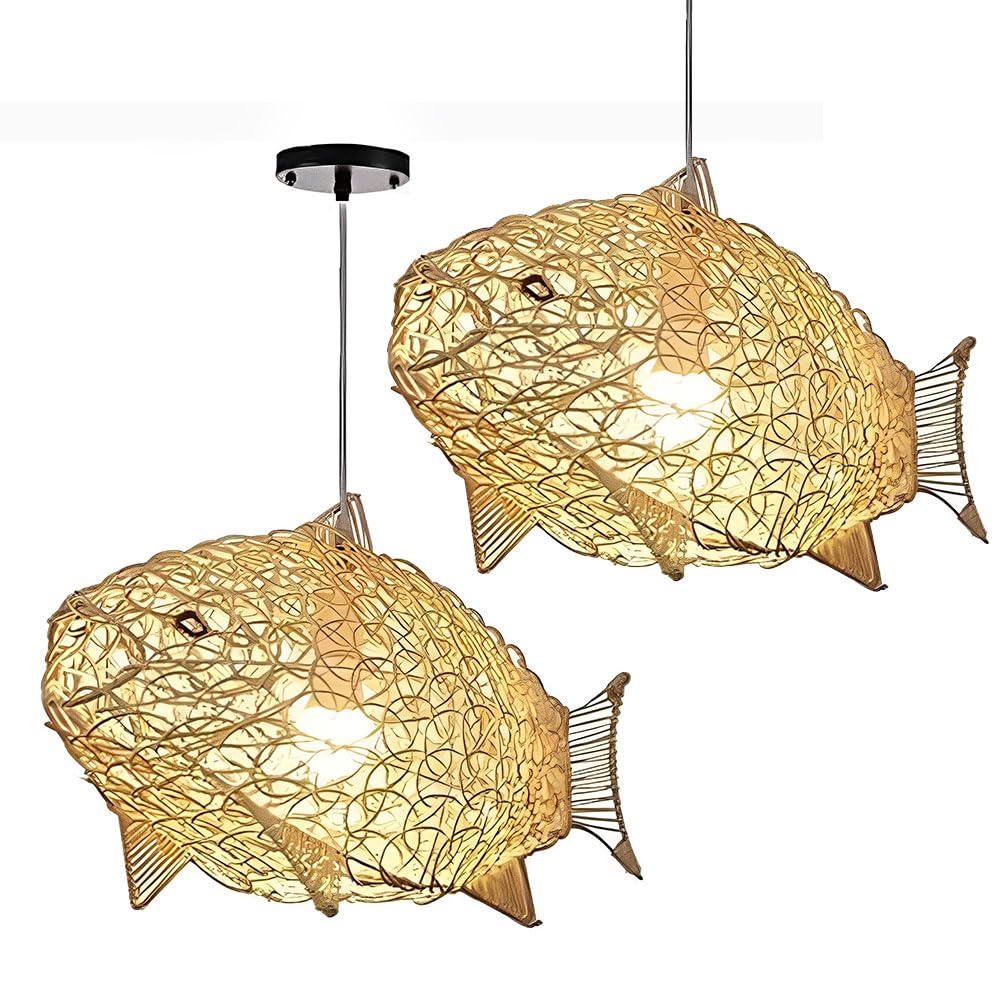 Lustre poisson rotin tissé main, suspension de plafond design pour chambre