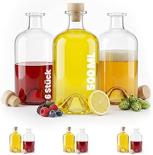 6 x 500ml Glasflaschen Apothekerflasche 0,5 Liter Leere Flaschen zum Befüllen mit Korken Glas Likörflaschen Schnaps Schnapsflaschen Öl