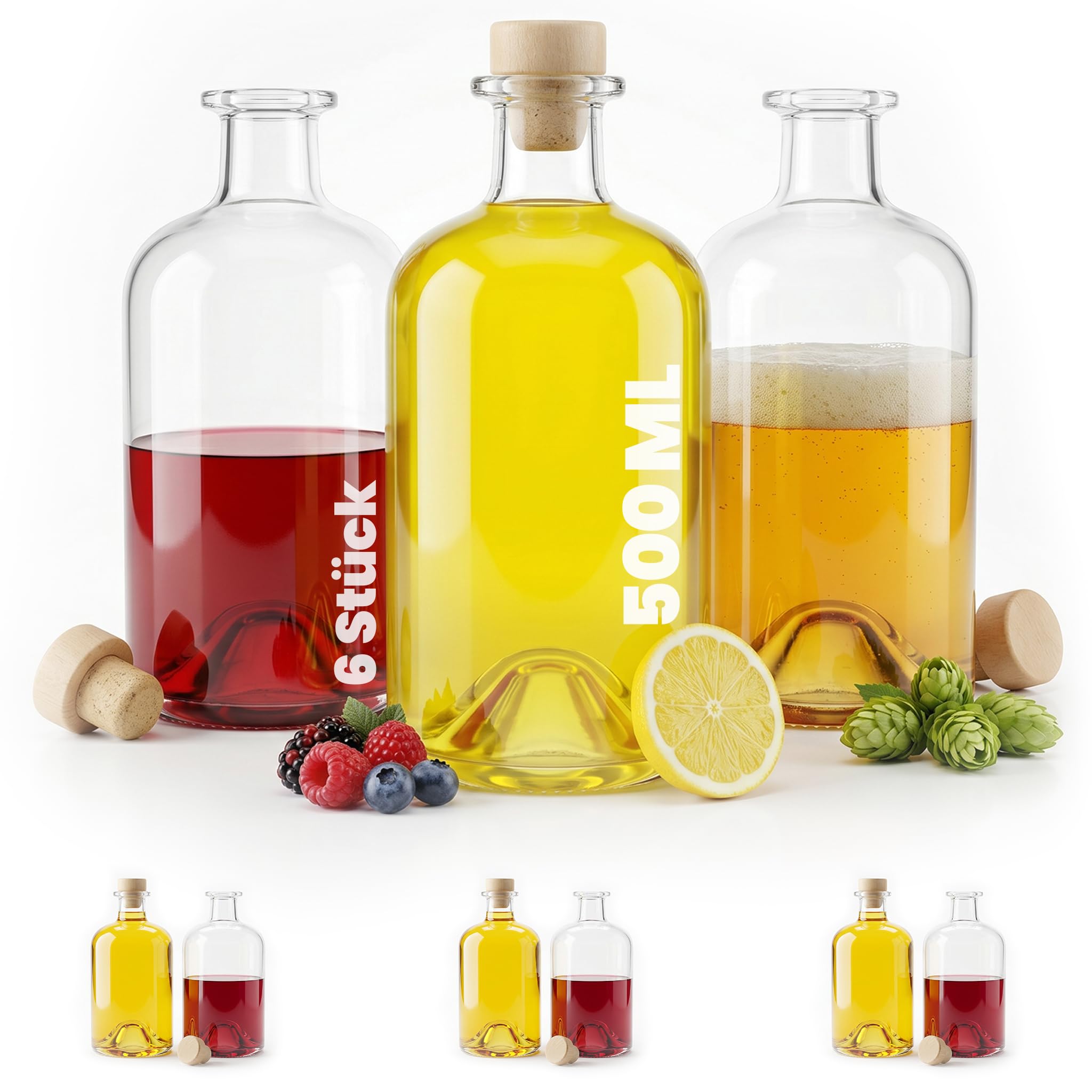 6 x 500ml Glasflaschen Apothekerflasche 0,5 Liter Leere Flaschen zum Befüllen mit Korken Glas Likörflaschen Schnaps Schnapsflaschen Öl