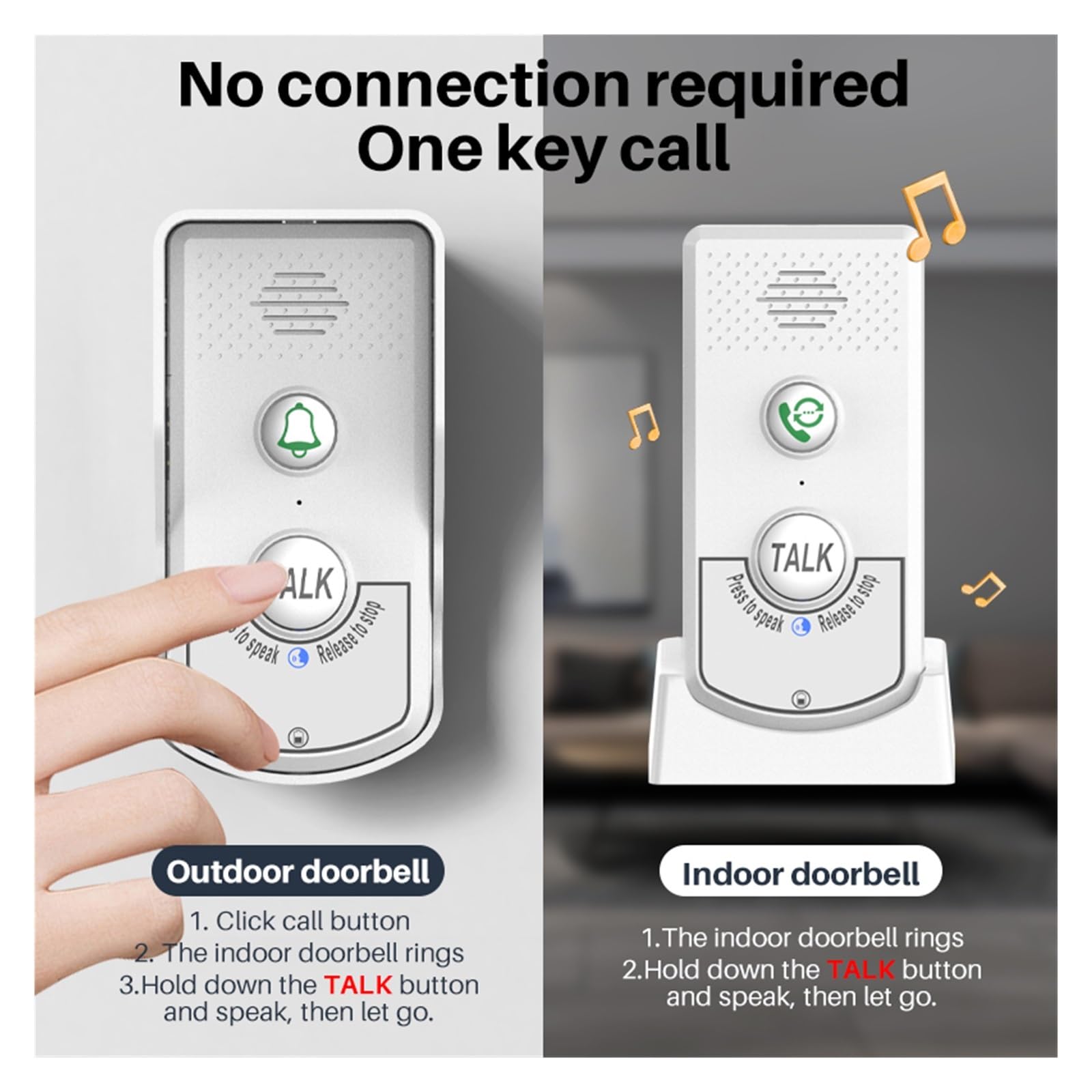 THikk Carillon de Sonnette de Porte Intelligent étanche, Rechargeable, interphone 1.5km, Appel Vocal, Kits de Boutons UV Longue Distance for intérieur et extérieur(1 to 1 Black)