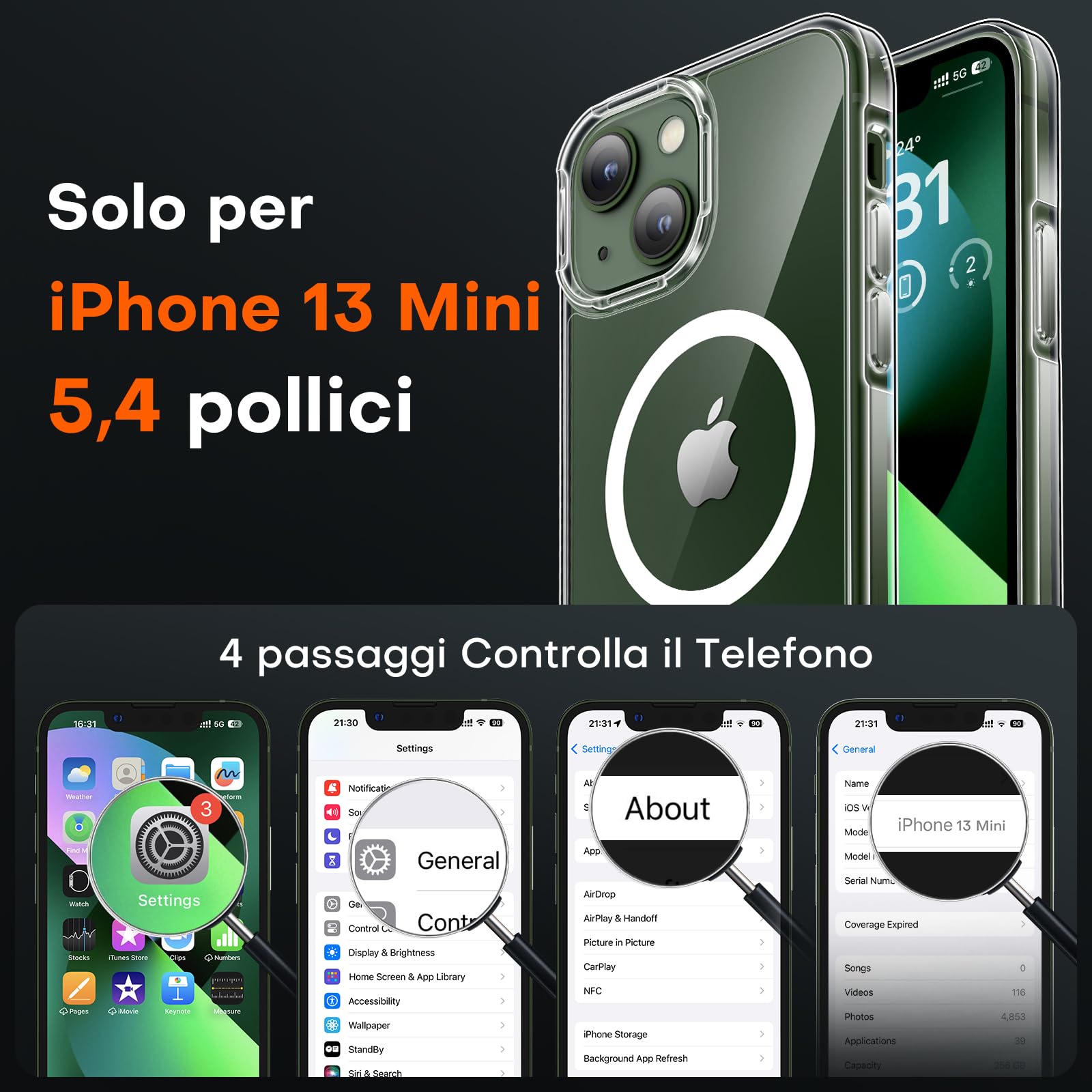 TOCOL Cover Magnetica per iPhone 13 Mini 5,4 Pollic, Compatibile con MagSafe, Senza Ingiallimento, Trasparente