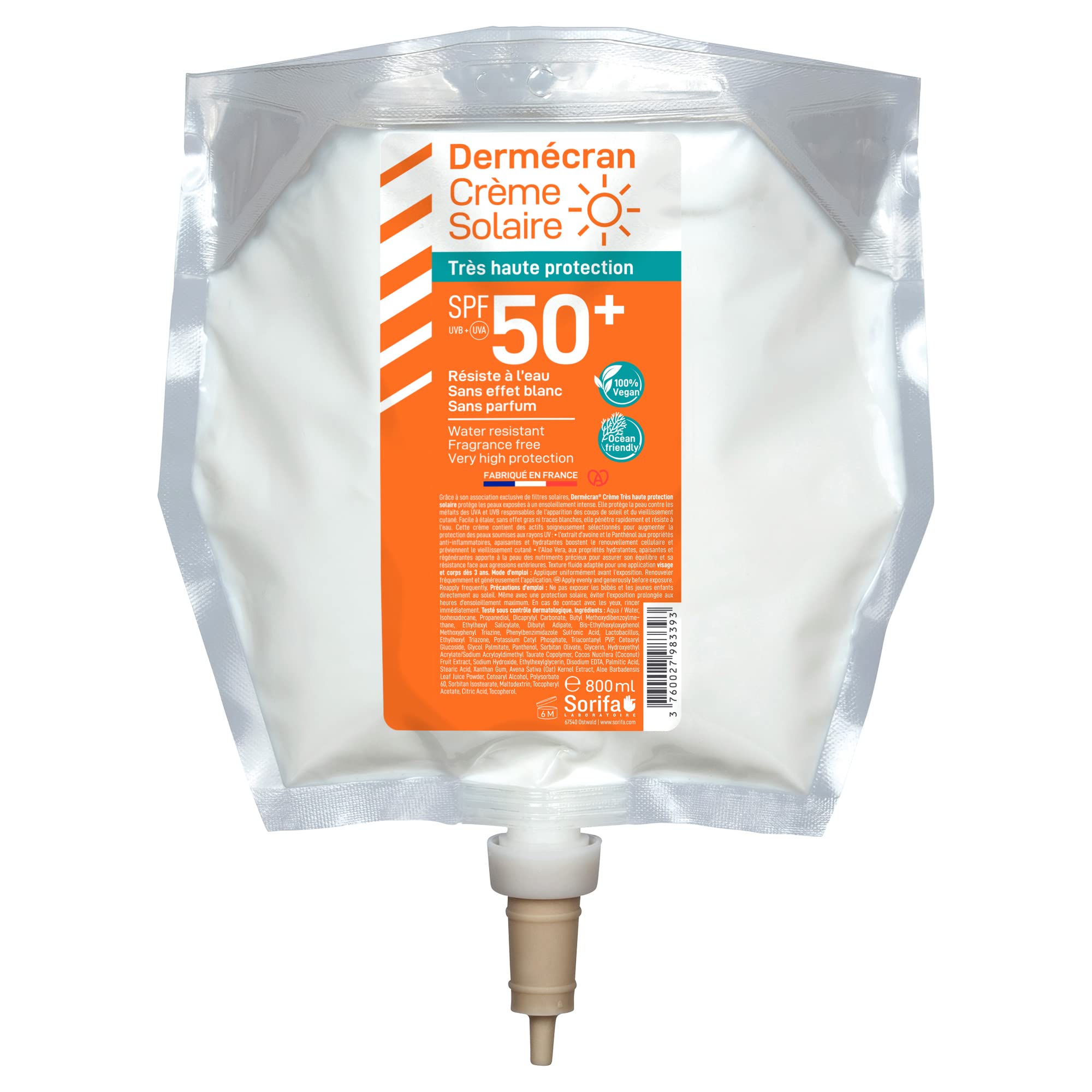 Dermécran - Crème solaire SPF50+ - Visage et corps - Formule Vegan & Ocean Friendly - Résiste à l'eau - Pour toute la famille dès 3 ans - Fabriquée en France - Poche 800 ml