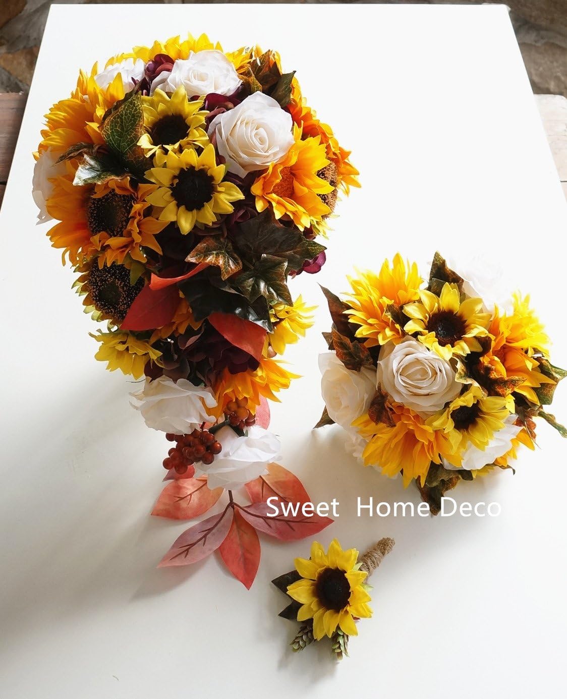 Silk Sunflower Rose Maple Leaves Wedding Flower Package Cascading Bridal Bridesmaid Bouquet Boutonnier Fall Colors (Mix Colors-8''W Round Bouquet)