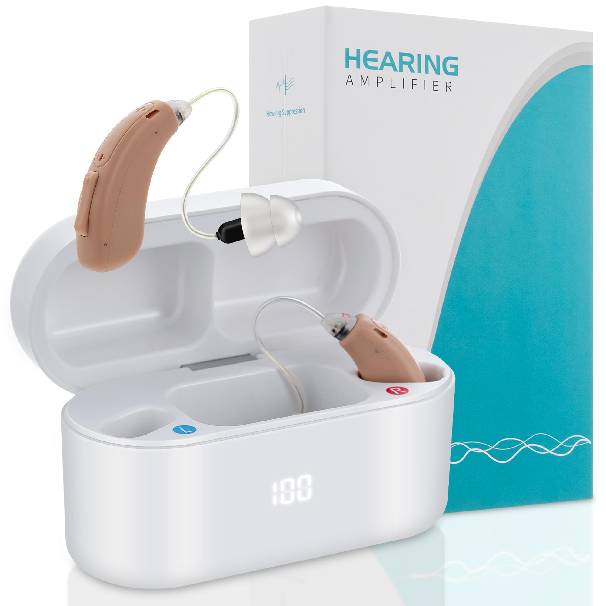 Rechargeable Bluetooth Hearing Aids for Seniors Behind-The-Ear BTE Ear Aid PSAP Digital Personal Sound Amplification Devices with Noise Cancellation (Pair)