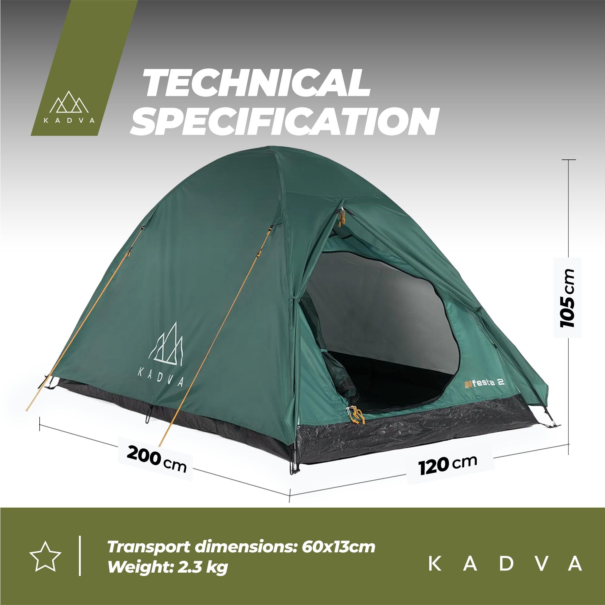 KADVA Tenda da campeggio Festa 2 Tenda 200 x 120 x 105 cm per 2 persone con zanzariera, impermeabile, struttura in fibra di vetro leggera e robusta, ideale per il campeggio e le escursioni