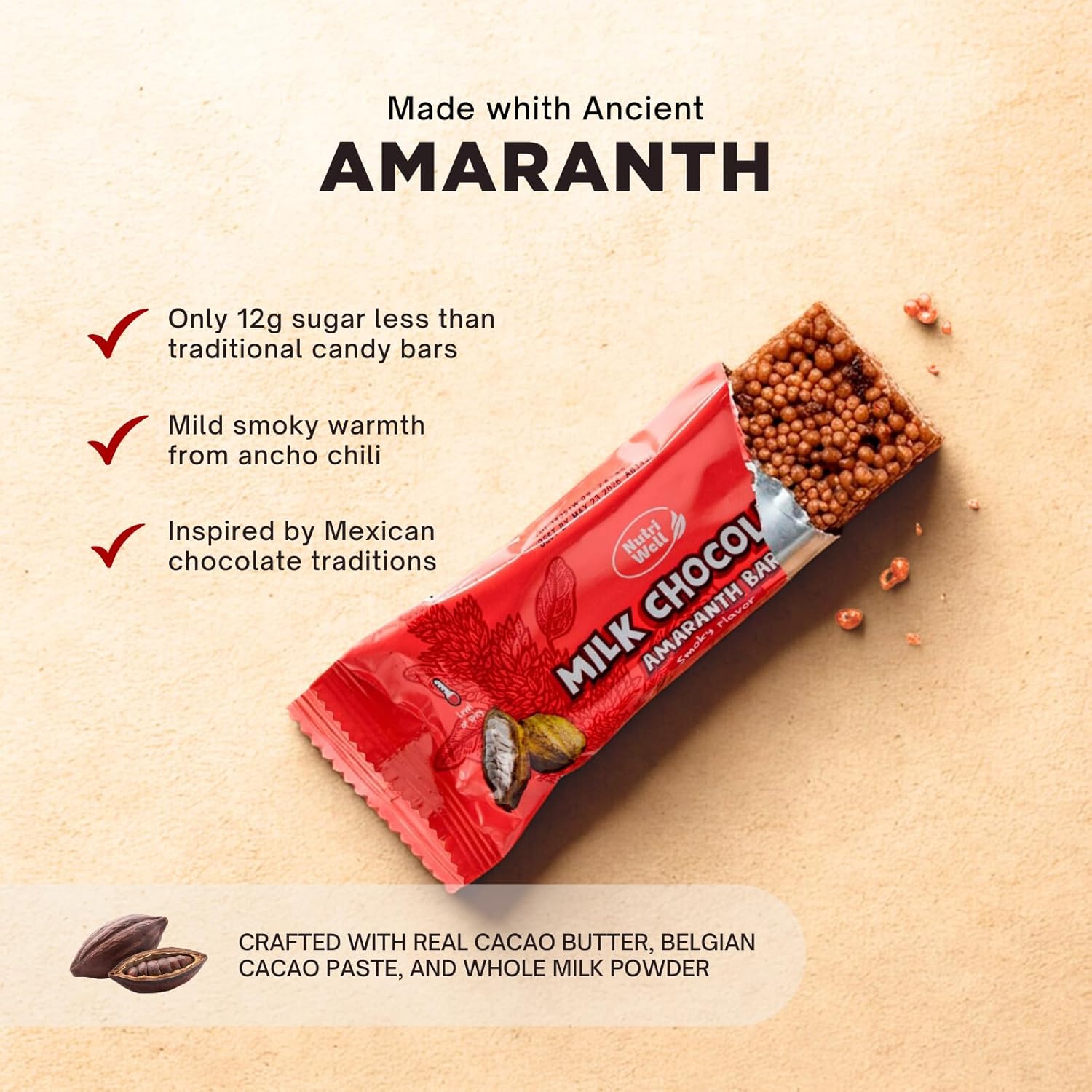 Nutriwell Belgian Milk Chocolate Bar with Amaranth & Ancho Chile Pepper – Smoky Taste, Mexican Chocolate, Ancient Superfood Grain, Crunchy Texture (12 Count)