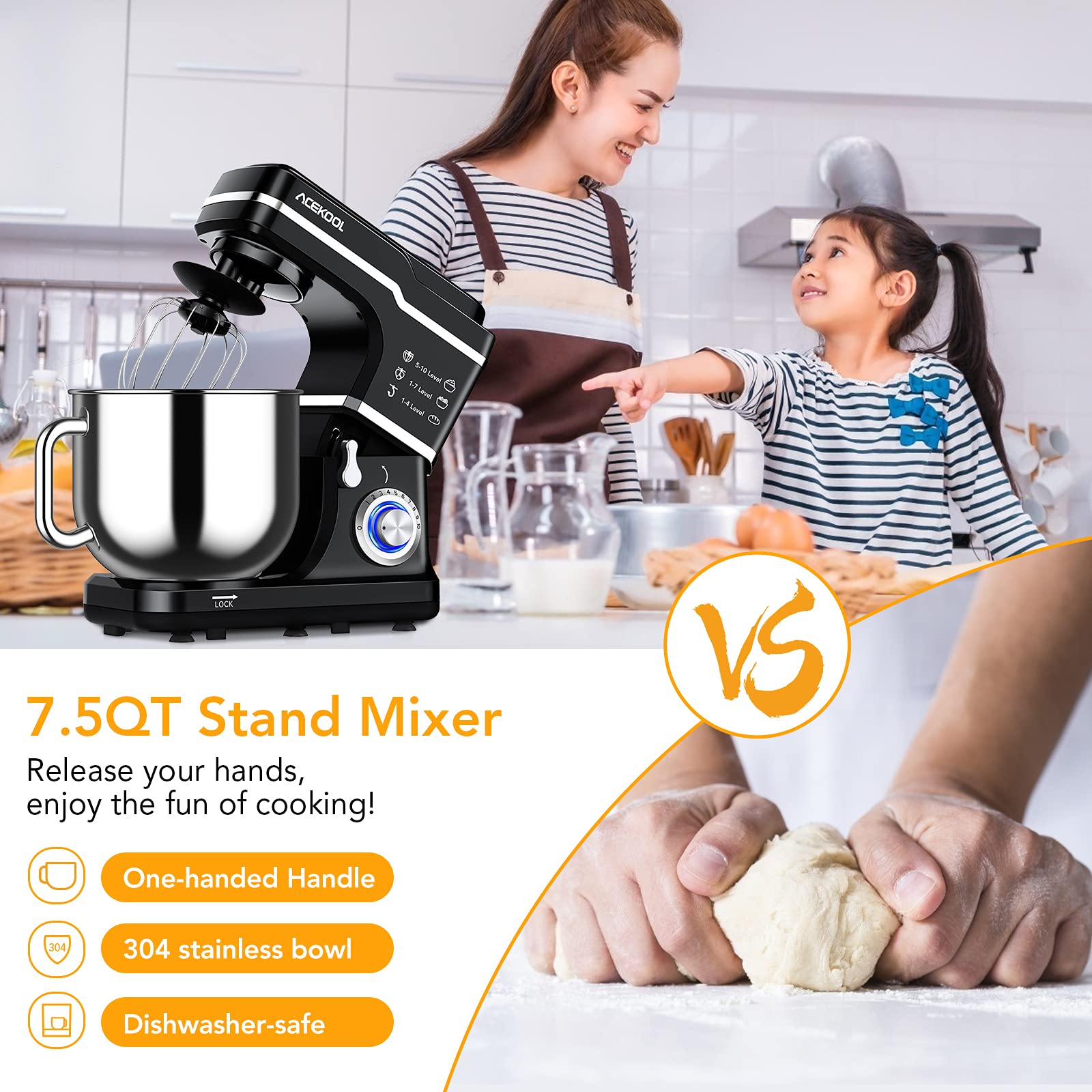 Acekool Stand Mixer 660W 10-Speed 7.5 Qt Tilt-Head Food Mixers, Kitchen Electric Mixer with Stainless Steel Bowl,Dough Hook,Whisk, Beater, Splash Guard, Black, Large, MK-5101