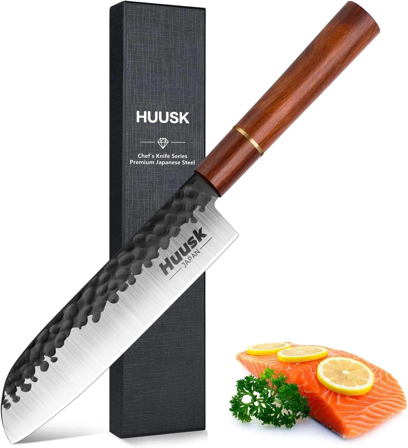Huusk Japan Knife, 7 Inch Santoku Kitchen Knife, Professional Japanese Chefs Knives Hand Forged High Carbon Steel Sharp Chopping Knives, Ergonomic Rosewood Handle, for Meat, Fish, Christmas Gifts