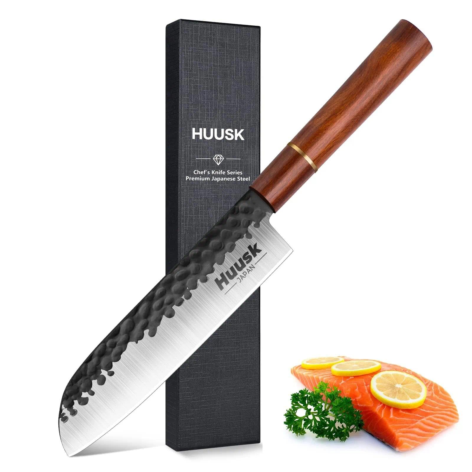 Huusk Japan Knife, 7 Inch Santoku Kitchen Knife, Professional Japanese Chefs Knives Hand Forged High Carbon Steel Sharp Chopping Knives, Ergonomic Rosewood Handle, for Meat, Fish, Christmas Gifts