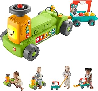 Fisher-Price Laugh & Learn Baby & Toddler Learning Toy, 4-in-1 Farm to Market Tractor Ride-On with Pull Wagon, Multilanguage Version