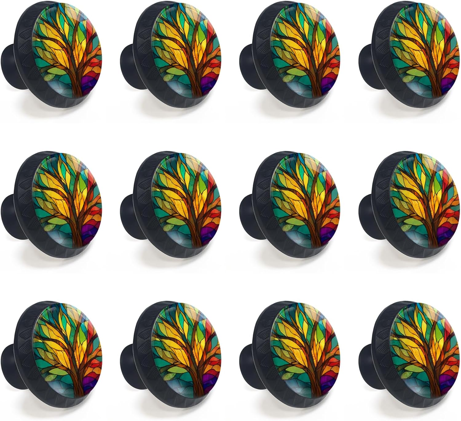 12 Pack Stained Glass Tree of Life Cabinet Knobs Round Drawer Pulls Colorful Tree Knob Cupboard Door Handles Hardware for Kitchen Bathroom Cabinets