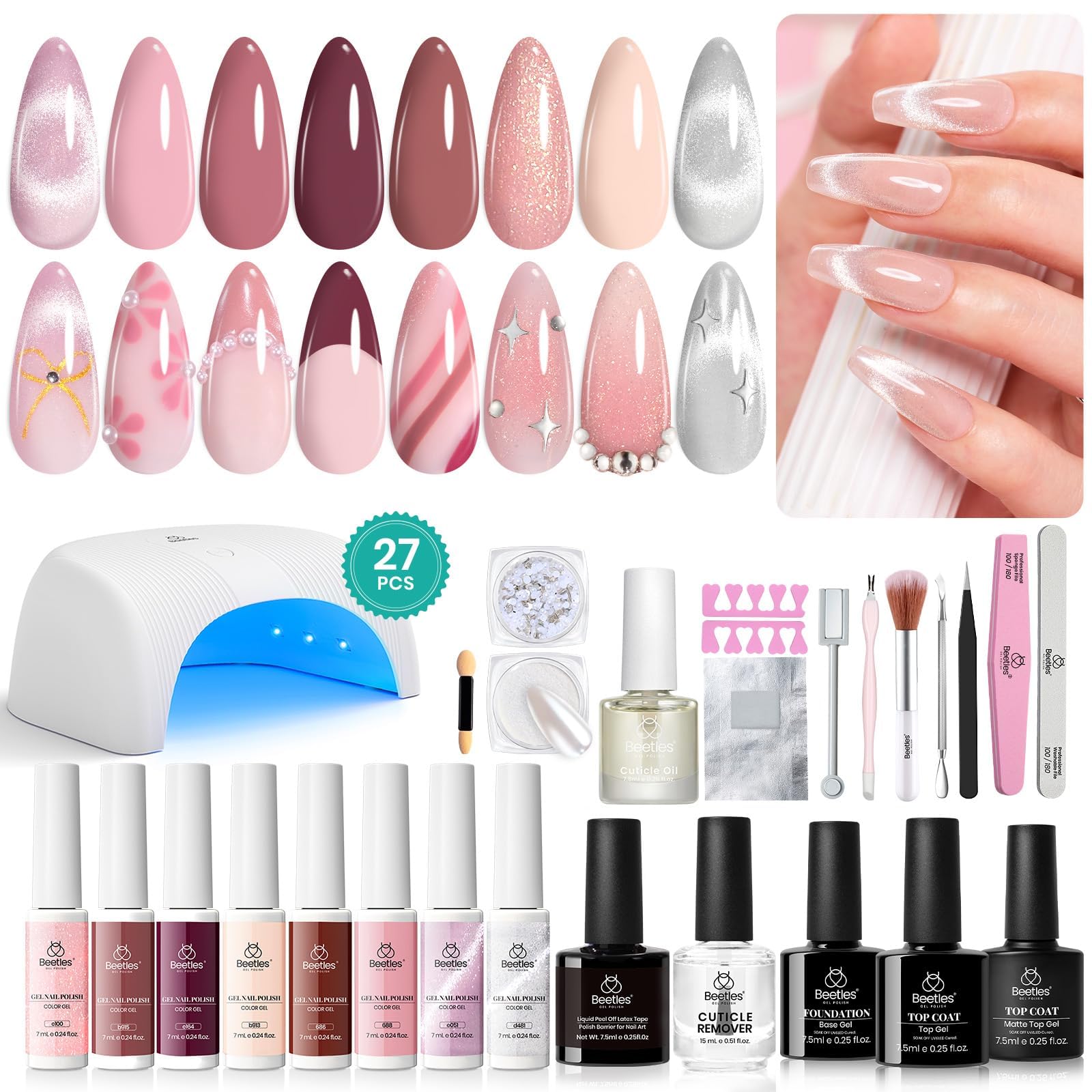 Beetles Gel Nail Polish Kit with UV Light, 8 Colors (Nude, Pink, Cat Eye, Silver Shimmer), Base Gel Top Coat, Chrome Nail Powder, Latex Liquid Nail/Cuticle Remover, Manicure Set for Women