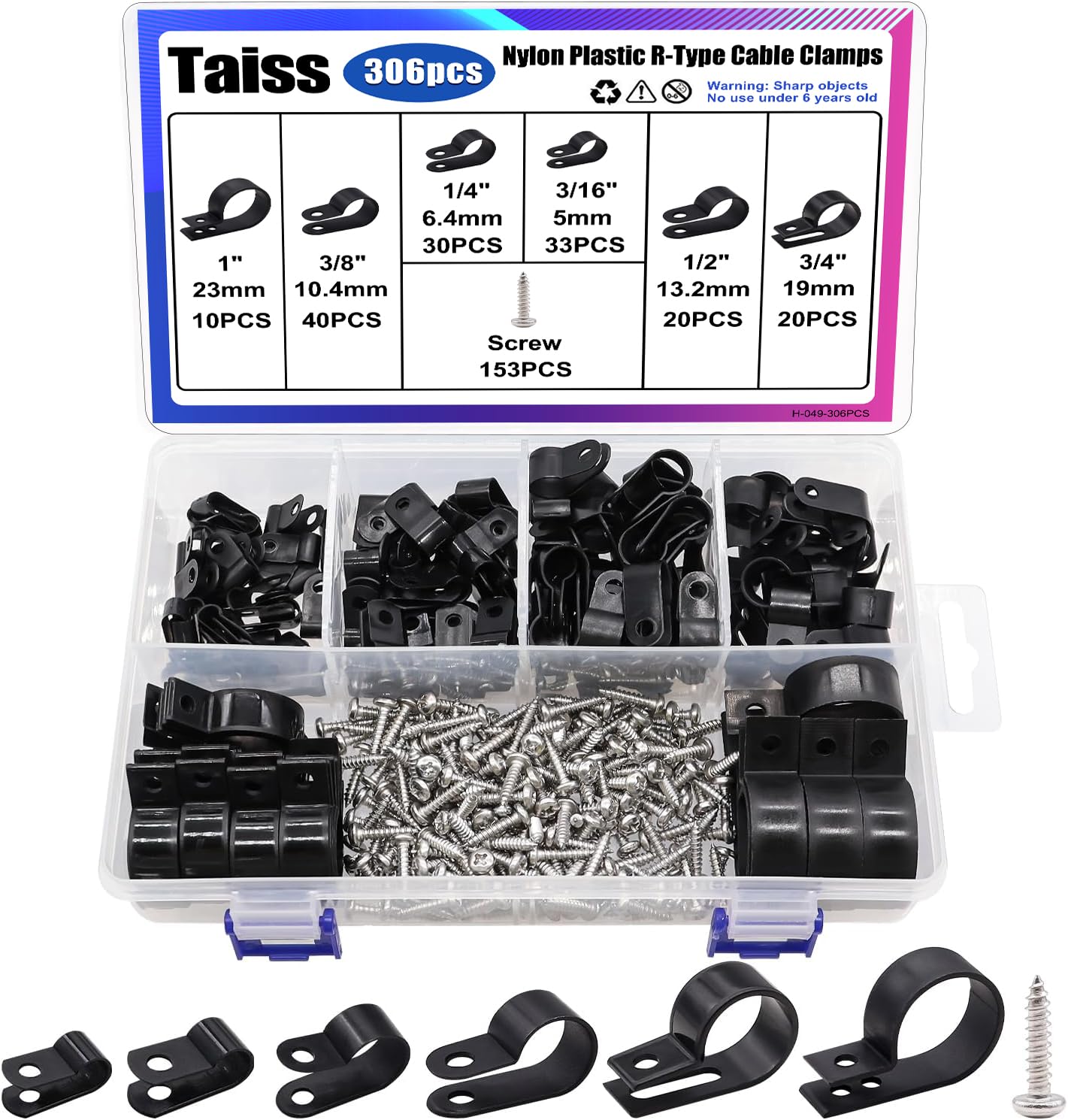 Taiss 306PCS Black R Type Cable Clips 6 Sizes Nylon P Clips 3/16'' 1/4'' 3/8'' 1/2'' 3/4'' 1'' Cable Mounting Wire Clips Assortment Kit with Screws for Wire Management H-049