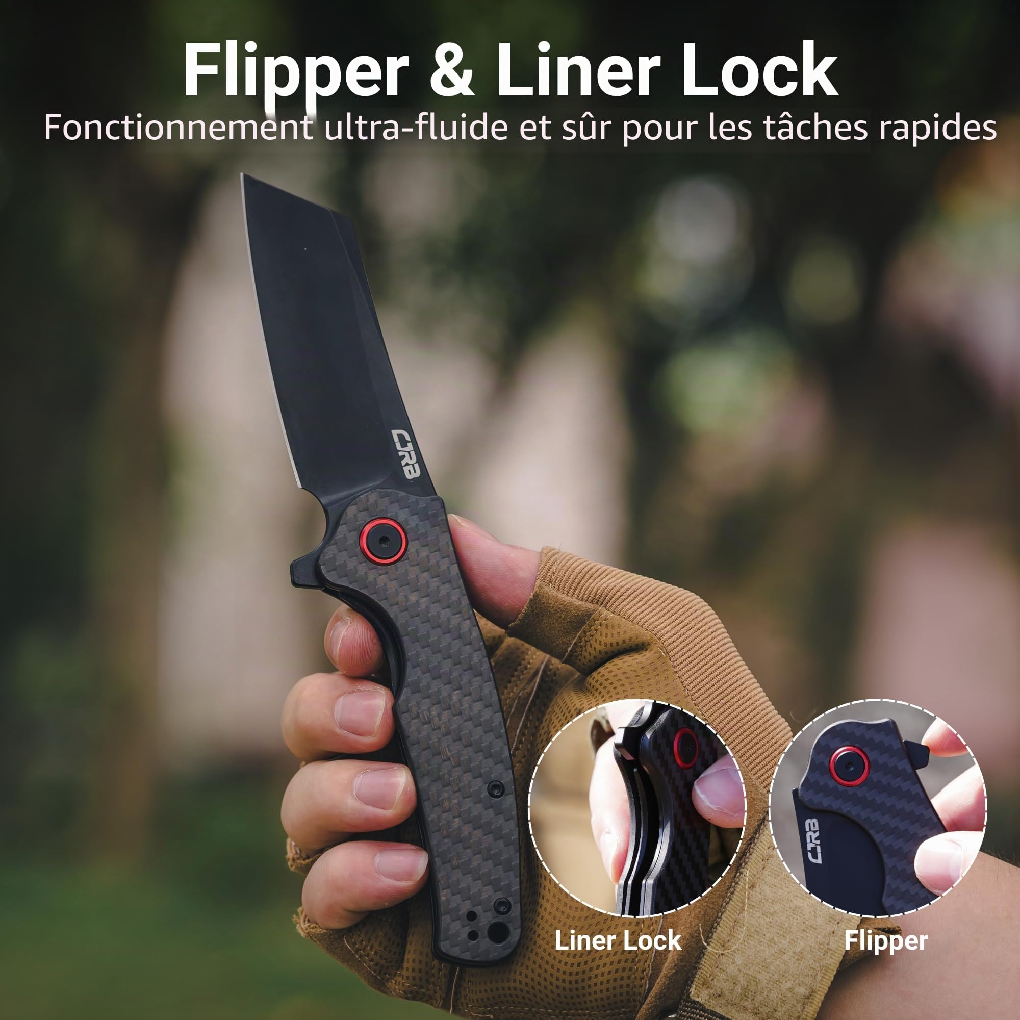 CJRB Crag Folding Pocket Knife, 8.2cm AR-RPM9 Steel Blade Carbon Fiber Handle EDC Knife with Pocket Clip for Men Women Camping Survival Hiking, Black (J1904)