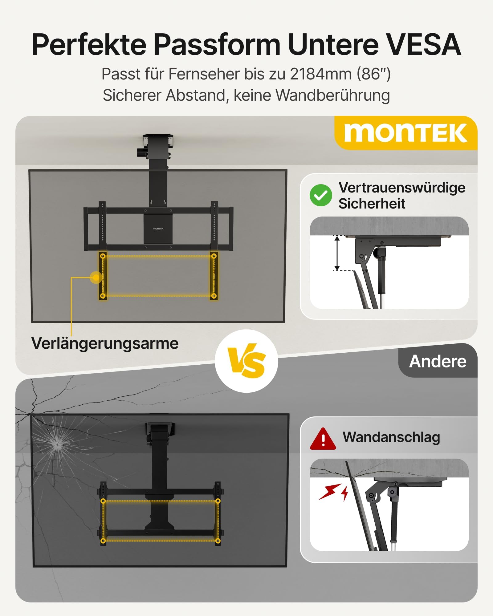 monTEK TV Deckenhalterung Elektrisch für 43-86 Zoll bis 55kg, VESA 800x400 | Fernbedienung/App/Sprachsteuerung, Klappbar Fernsehhalterung für Außermittig Angebrachte TV, für Flache/geneigte Dächer