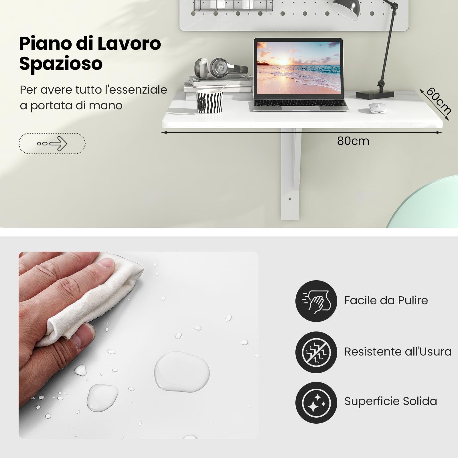 GYMAX Tavolo a Parete Pieghevole Galleggiante, Scrivania a Scomparsa per Spazi Ridotti Salvaspazio, per Ufficio Domestico, Sala da Pranzo, Studio, 80 x 60 x 45 cm (Bianco)