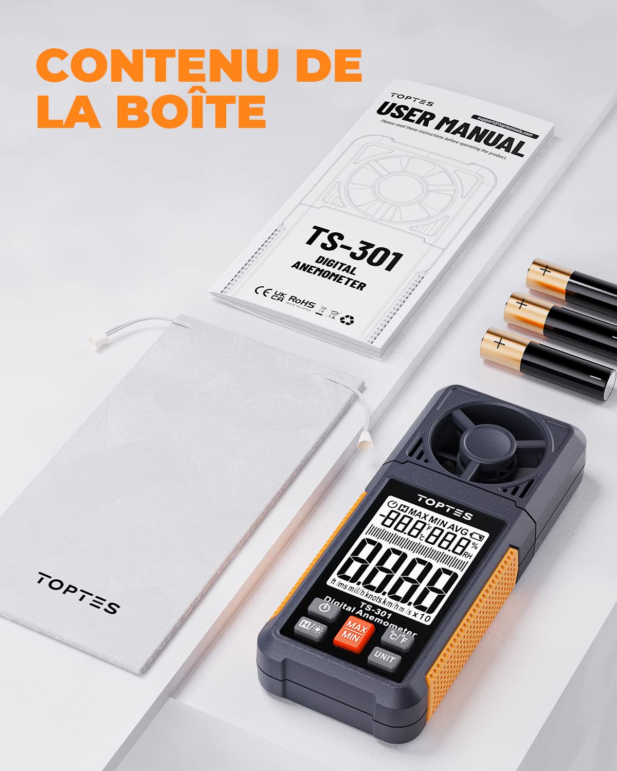 Anémomètre numérique TopTes TS-301, Compteur de Vitesse du Vent Avec écran LCD 2,26 pouces, Débitmètre d'air pour HVAC/Voile/Surf/Prise de Vue/Drone, 6 Unités de Mesure Rétroéclairage Jauge de Vent